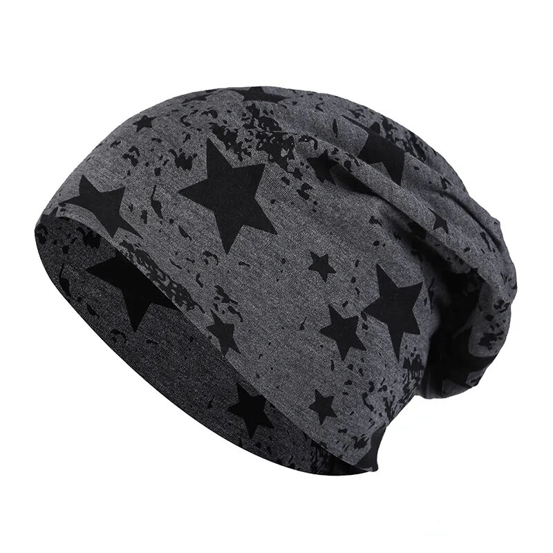 Stylish unisex knitted beanie with star pattern in gray, perfect for all seasons and sporty looks, made from warm cotton knit.